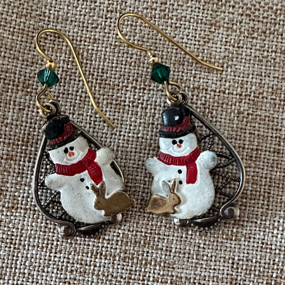 Charming Snowman Earrings with Gold and Green Details